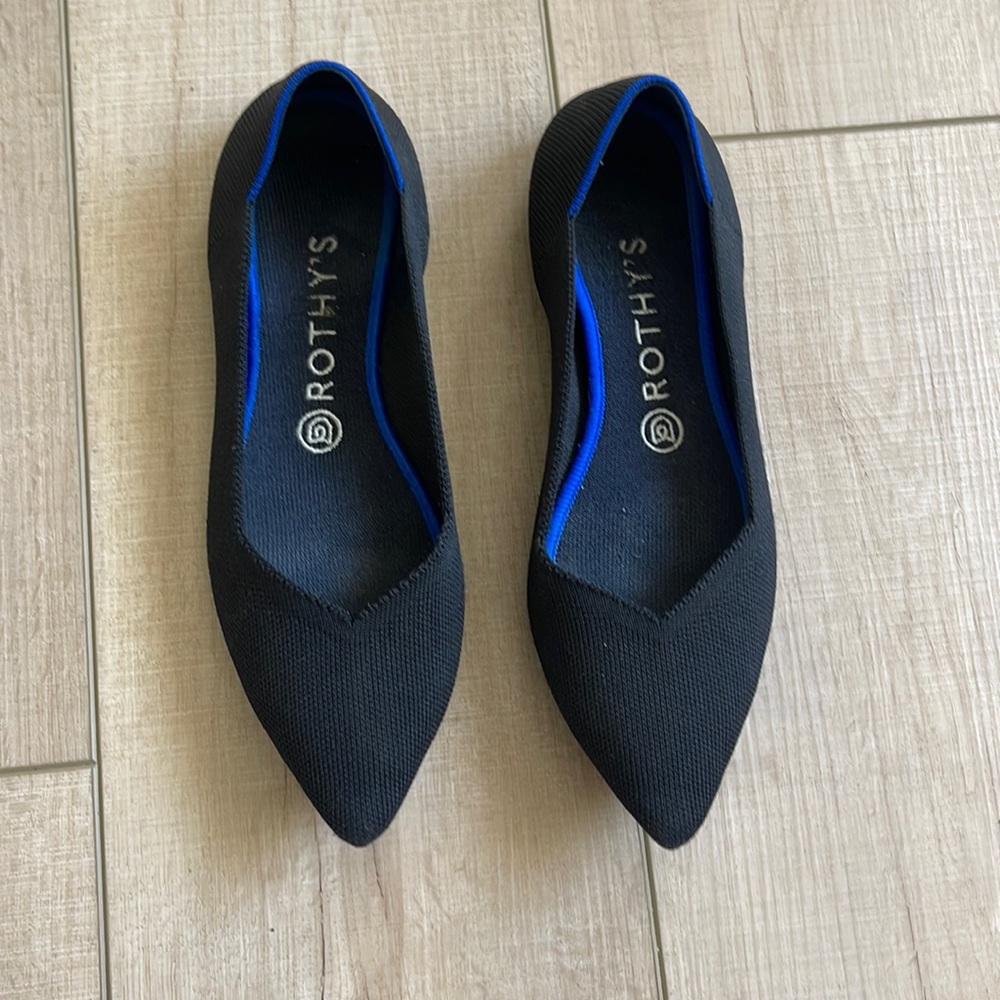 Rothy's Black Pointed Flats with Blue Trim